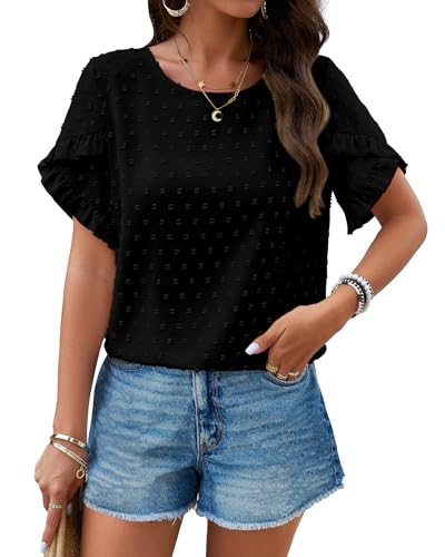 PRETTYGARDEN Damen Tops 2024 Sommer Rüschen Kurzarm Rundhals Blusen Swiss Dots Solid Loose Tunika Arbeitshemden, Schwarz, XX-Large von PRETTYGARDEN