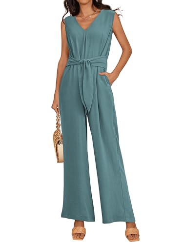 PRETTYGARDEN Sommer-Outfits 2024 Overalls mit weitem Bein, lässiger V-Ausschnitt, ärmellos, Gürtel, hohe Taille, lange Hose, Strampler, Blau Grün, Large von PRETTYGARDEN