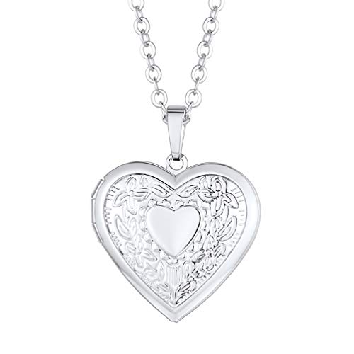 PROSTEEL Damen personalisiert Collier Herz Medaillon zu Öffnen Edelstahl Vintage Blumen Muster Herz Anhänger Halskette Foto Bilder Amulett Floating Locket Geschenk für Mädchen Muttertag Valentinstag von PROSTEEL