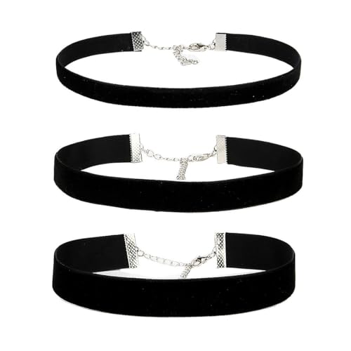 PSOWQ Choker Kette 3 Set Gothic Punk Rock Lederhalsband Halskette Set Strass Halsketten Set Trachten Samt Kropfband Leder Schwarz Einstellbar Kragen Halsband Kreis für Mädchen Frauen von PSOWQ