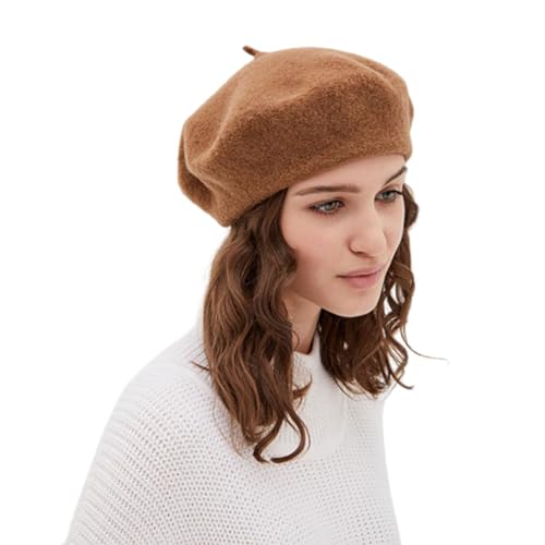 PSOWQ Französischen Beret Damen Baskenmütze Klassishe KüNstler Barrett Mütze Mode Basken Mütze für WintermüTze Barett Franzosen Herren Kleid Mütze Barette für Frühling/Herbst/Winter-Kamel,58cm von PSOWQ