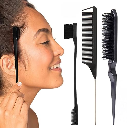 PSOWQ Sleek Bun Bürste Set 3 Stück, Borsten Haarschnitt Haarkamm Pflege Kanten, Doppelkanten Teasing Haarbürste und Rattenschwanz Kamm für Friseurin Frauen Baby Kinder - Schwarz von PSOWQ