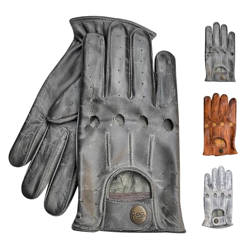 PSS Herren Handschuhe aus echtem gewachstem Rindsleder, ungefüttert, Vollfinger, Vintage-Knopf-Stil, professionelles Rennmodell 507, 507 Hellgrau, M von PSS