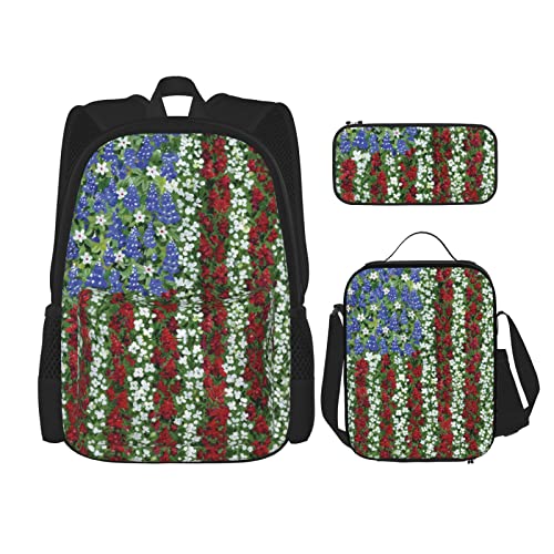 Amerika Patriotisches Blumen-Rucksack-Set Dreiteilige Tasche Rucksack Crossbody Lunchtasche Pencil Bag Set Jungen und Mädchen Schultaschen, Schwarz, Einheitsgröße, Rucksack, Umhängetasche, Reisen von PSVOD