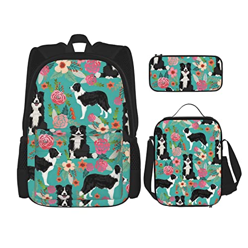 Border Collie Florals Rucksack Set Dreiteilige Tasche Rucksack Crossbody Lunchtasche Bleistift Bag Set Jungen und Mädchen Schultaschen, Schwarz, Einheitsgröße, Rucksack, Umhängetasche, Reisen von PSVOD