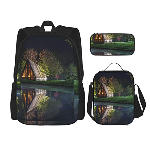 Chalet By The Lake Dreiteiliges Rucksack-Set, Taschenrucksack Cross-Body Lunchtasche Stifttasche Set Jungen und Mädchen Schultasche, Schwarz, Einheitsgröße, Schwarz , Einheitsgröße von PSVOD