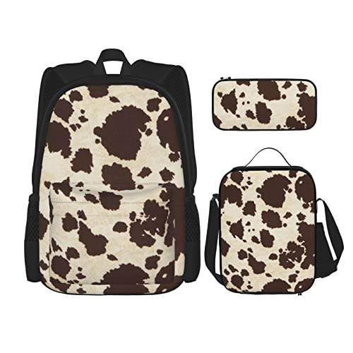 Dreiteiliges Rucksack-Set mit Kuhfell-Druck, Taschenrucksack, Cross-Body-Lunch-Tasche, Stifttasche, Schultasche, für Jungen und Mädchen, Schwarz, Einheitsgröße, Schwarz , Einheitsgröße von PSVOD