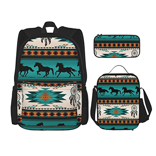 Pferde-Streifen Muster Rucksack Set Dreiteilige Tasche Rucksack Crossbody Lunchtasche Bleistift Tasche Set Jungen und Mädchen Schultaschen, Schwarz, Einheitsgröße, Rucksack, Umhängetasche, Reisen von PSVOD