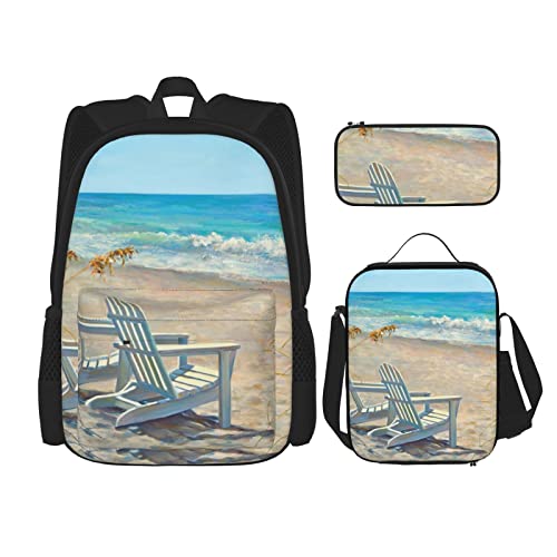 Strandszene mit Stühlen Rucksack Set Dreiteilige Tasche Rucksack Crossbody Lunchtasche Bleistift Tasche Set Jungen und Mädchen Schultaschen, Schwarz, Einheitsgröße, Rucksack, Umhängetasche, Reisen von PSVOD