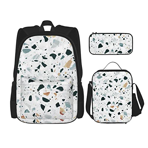 Terrazzo Marmor Pastell Rucksack Set Dreiteilige Tasche Rucksack Crossbody Lunchtasche Bleistift Tasche Set Jungen und Mädchen Schultaschen, Schwarz, Einheitsgröße, Rucksack, Umhängetasche, Reisen von PSVOD