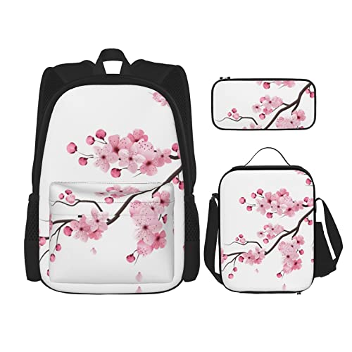 Verlockende Kirschblüten Dreiteiliges Rucksack-Set, Taschenrucksack Cross-Body Lunch Bag Stifttasche Set, Jungen und Mädchen Schultasche, Schwarz, Einheitsgröße, Schwarz , Einheitsgröße von PSVOD