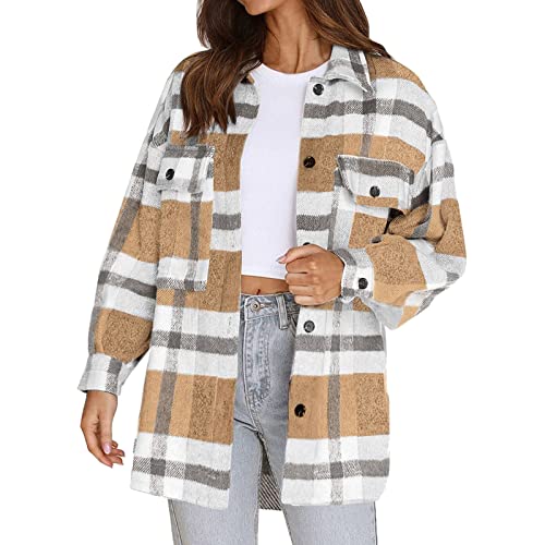 PTLLEND Damen Casual Plaid Print Button Langarm Pocket Shirt Jacket Coat damen revers button down long plaid Hemdbluse Herbst Winter Freizeit Karobluse Retro Karo Basic Jacke von PTLLEND