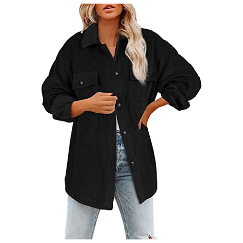 PTLLEND Damen-Cord-Button-Down-Hemd mit langen Ärmeln, Reverskragen, Seitenschlitz, lockere, lässige Shacket-Jacke, Oberbekleidung mit Taschen,Kapuze Button Plus Size Damen Kleidung von PTLLEND