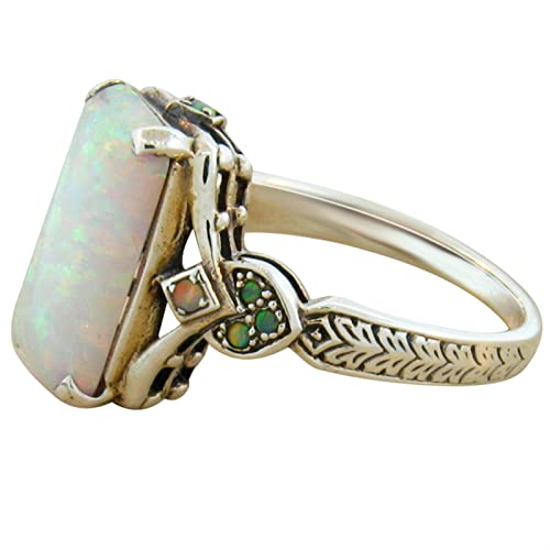 PTLLEND Ringe Schokolade weißer Opal-Antik-Silber-Ring-Schmuck-Verlobter Ring für Frauen Damen Ringe Silber (White, 7) von PTLLEND