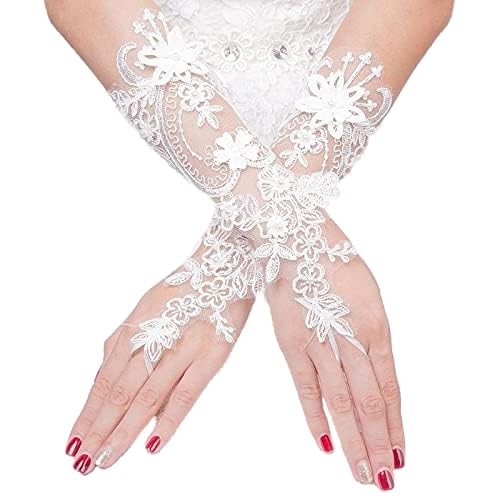 PTNKUIIY Hochzeit Braut Handschuhe, Spitzenhandschuhe Fingerlose Handschuhe mit Blumen und Perlen Weiß Elegant Vintage Abendhandschuhe Opera Fest Party Handschuhe Damen Fasching Kostüm Accessoires von PTNKUIIY