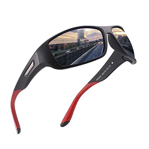 PUKCLAR Sonnenbrille Herren Polarisierte Sportbrille Radsportbrillen Fahrerbrille Damen UV400 Schutz, L, C3 Schwarz / Blau Verspiegelt von PUKCLAR
