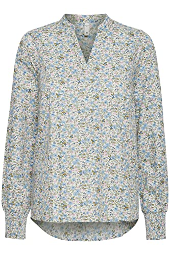 PULZ JEANS PZJULIANE Blouse Damen Bluse mit V-Ausschnit und schmalem Stehkragen Langarm mit floralem Print aus 100% Baumwolle, Größe:L, Farbe:Blue Flower Printed (201342) von PULZ JEANS