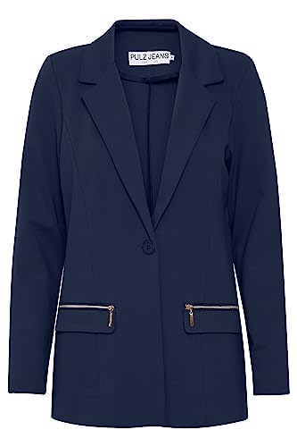 Pulz Jeans PZKIRA Blazer Damen Blazer Longblazer Jacke mit Reverskragen und Knopf mit Reißverschluss mit Stretch, Größe:XL, Farbe:Dark Sapphire (194020) von Pulz Jeans