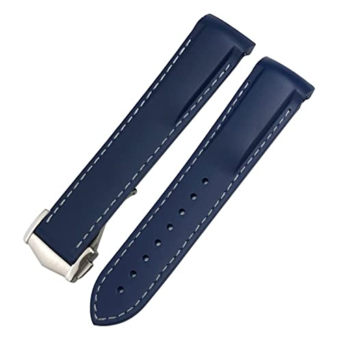 PURYN 22 mm gebogenes Gummi-Uhrenarmband passend für Omega Speedmaster Moonwatch Seamaster 300 AT150 Armband (Farbe: Blau-Weiß, Größe: Rosenschnalle) von PURYN