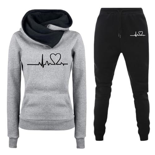 PW TOOLS Damen Trainingsanzug Set 2-Teilig Damen Casual Sportswear Set Heartbeat Print Hoodie Jogginganzug Damen Set Trainingsanzug Damen Kapuzenpullover Sporthose Set von PW TOOLS