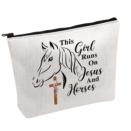 PWHAOO Christliche Kosmetiktasche "This Girl Runs On Jesus And Horses" Kosmetiktasche Pferde Mädchen Make-up Tasche Pferdebesitzer Geschenk, On Jesus And Horses B von PWHAOO