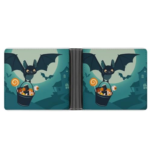 PWIKJZ Brieftasche Halloween-Landschaft Fledermaus Herren Bifold Geldbörsen Portable Leder Geldbörse Kartenhalter von PWIKJZ