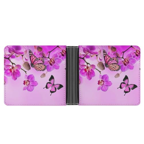 PWIKJZ Brieftasche Lila Orchidee Blumen Und Schmetterlinge Herren Bifold Geldbörsen Portable Leder Geldbörse Kartenhalter von PWIKJZ