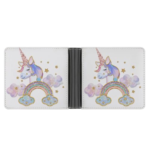 PWIKJZ Brieftasche Sterne Wolken Regenbogen Einhorn Herren Bifold Geldbörsen Portable Leder Geldbörse Kartenhalter von PWIKJZ