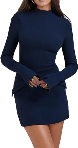Frühlings-Langarm-Minikleid, Mini-Cargo-Kleid für Damen, Wickelkleid mit hohem Halsausschnitt für Damen (Blue,Medium) von PaGeMs