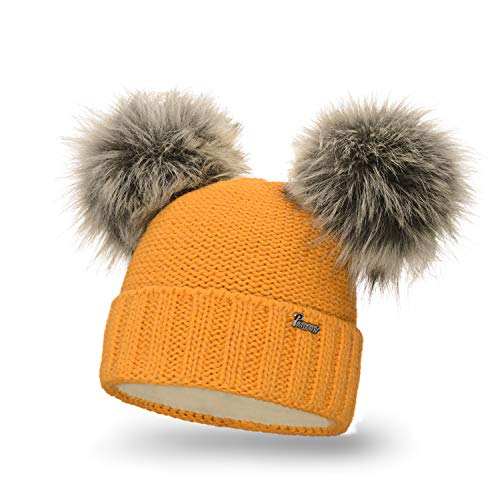 PaMaMi Damen Mütze Zwei Bommel I Kopfumfang 55-58 cm I Mütze 2 Bommel für Strenger Frost I Strick mütze Damen Winter I Beanie Damen mit Fleece Strickmütze von PaMaMi