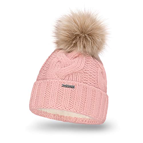 PaMaMi Damen Strickmütze mit Webpelz-Bommel I Puder rosa I Gr. 55-58 cm I Gefüttert, in Strickoptik I Feminine, sehr warme Winter-Mütze mit flauschigem Futter von PaMaMi