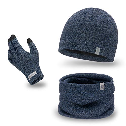 PaMaMi Herren Winter-Set 3-teilig (Handschuhe, Mütze, Loop-Schal) | Dunkelblauer Melange | Handschuhe mit Touchscreen-Funktion, atmungsaktive Mütze und wärmender Loop-Schal in Strickoptik von PaMaMi