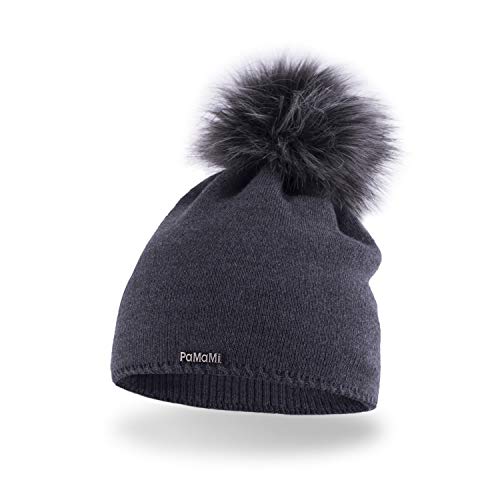 PaMaMi Winter Damen Mütze mit Perlen warme Wintermütze mit kunstfell Bommel - Slouch Beanie Damen - Bommelmütze für Damen - Fleece gefütterte Damenmütze (Dunkelgrau) von PaMaMi