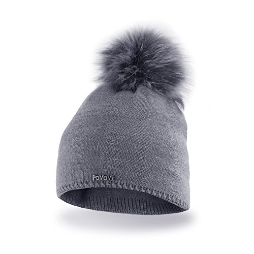 PaMaMi Winter Damen Mütze mit Perlen warme Wintermütze mit kunstfell Bommel - Slouch Beanie Damen - Bommelmütze für Damen - Fleece gefütterte Damenmütze (Grau) von PaMaMi