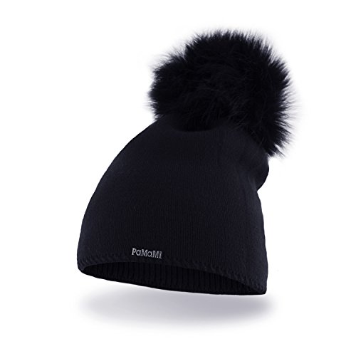 PaMaMi Winter Damen Mütze mit Perlen warme Wintermütze mit kunstfell Bommel - Slouch Beanie Damen - Bommelmütze für Damen - Fleece gefütterte Damenmütze (Schwarz) von PaMaMi