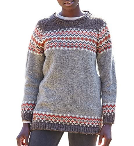 Damen Pullover aus Wolle, handgestrickt, Fair Isle, natürliche Farben, handgefertigt, extra warm, Pachamama, Fair Trade, grau, M von Pacha Mama