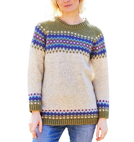 Damen Pullover aus Wolle, handgestrickt, Fair Isle, natürliche Farben, handgefertigt, extra warm, Pachamama, Fair Trade, olivgrün, S von Pacha Mama