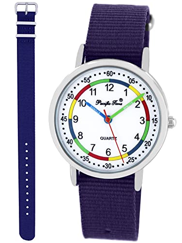 Pacific Time Lernuhr Mädchen Jungen Kinder Armbanduhr 2 Armband violett + dunkel blau analog Quarz 10011 von Pacific Time