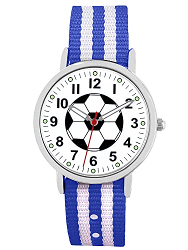 Pacific Time Kinder Armbanduhr Jungen Fußball Zeiger leuchten im Dunkeln Wechsel Textilarmband blau Weiss Analog Quarz 86821 von Pacific Time