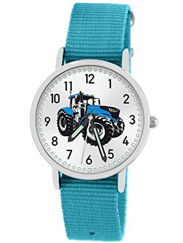 Pacific Time Kinder Armbanduhr Jungen Traktor für Kinder blau Trecker Kinderuhr Auto Car Textilarmband Leuchtzeiger Analog Quarz 87609 von Pacific Time