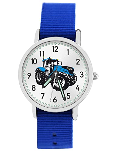 Pacific Time Kinder Armbanduhr Jungen Traktor für Kinder blau Trecker Kinderuhr Auto Car Textilarmband Leuchtzeiger Analog Quarz 87610 von Pacific Time