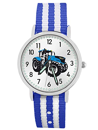 Pacific Time Kinder Armbanduhr Jungen Traktor für Kinder blau Trecker Kinderuhr Auto Car Textilarmband Leuchtzeiger Analog Quarz 87618 von Pacific Time