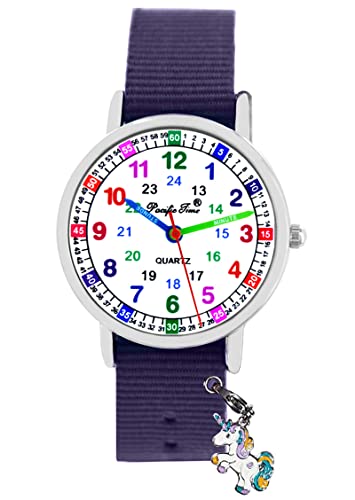 Pacific Time Kinder Armbanduhr Mädchen 4 Einhorn Anhänger Uhr Lernuhr Geschenk Set Textil Wechselarmband violett analog Quarz 10930 von Pacific Time