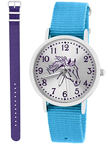 Pacific Time Kinder Armbanduhr Mädchen Junge Pferd Motivuhr Kinderuhr Set 2 Textil Armband hellblau + violett analog Quarz 10375 von Pacific Time