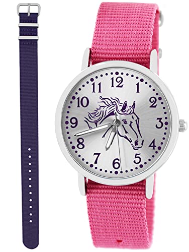 Pacific Time Kinder Armbanduhr Mädchen Junge Pferd Motivuhr Kinderuhr Set 2 Textil Armband rosa + violett analog Quarz 10362 von Pacific Time