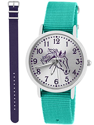 Pacific Time Kinder Armbanduhr Mädchen Junge Pferd Motivuhr Kinderuhr Set 2 Textil Armband türkis + violett analog Quarz 10347 von Pacific Time