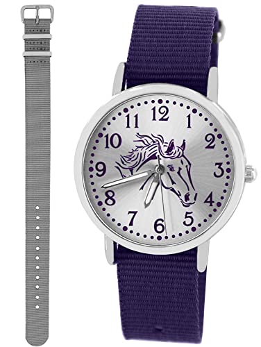 Pacific Time Kinder Armbanduhr Mädchen Junge Pferd Motivuhr Kinderuhr Set 2 Textil Armband violett + grau analog Quarz 10324 von Pacific Time