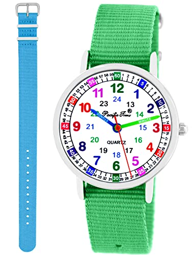 Pacific Time Kinder Armbanduhr Mädchen Jungen Lernuhr Kinderuhr Set 2 Textil Armband grün + hellblau analog Quarz 11103 von Pacific Time
