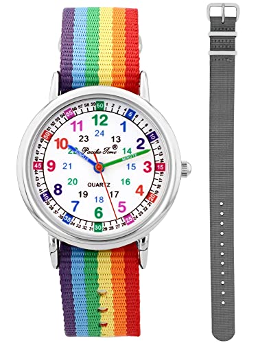 Pacific Time Kinder Armbanduhr Mädchen Jungen Lernuhr sehr gut ablesbar Wechsel Textilarmband Regenbogen + grau analog Quarz 12906 von Pacific Time