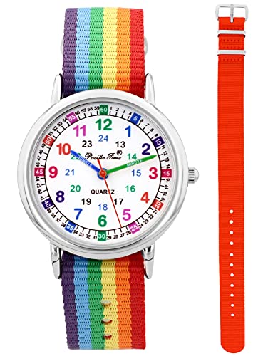 Pacific Time Kinder Armbanduhr Mädchen Jungen Lernuhr sehr gut ablesbar Wechsel Textilarmband Regenbogen + orange analog Quarz 12912 von Pacific Time